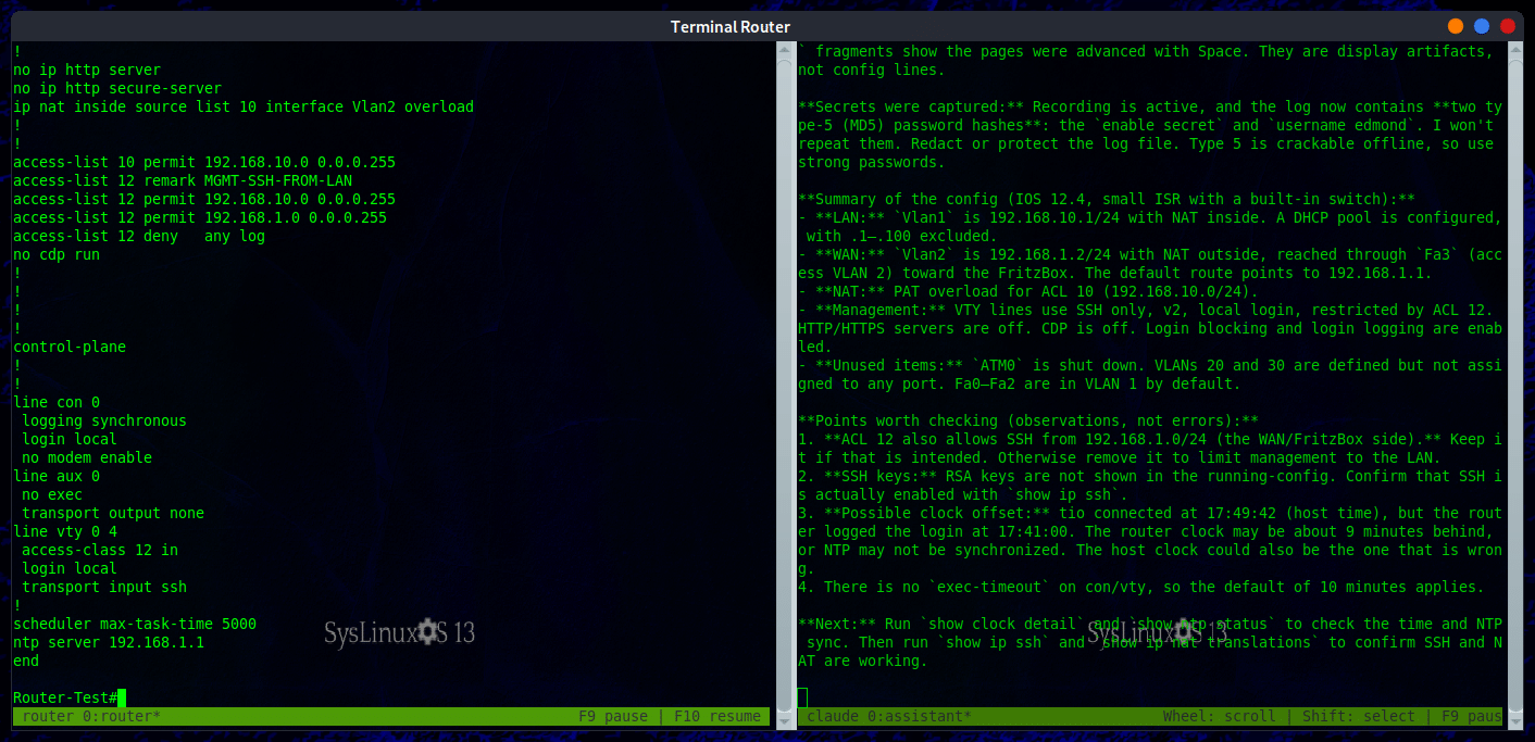 terminal-router workspace with the router terminal on the left and the AI observer on the right