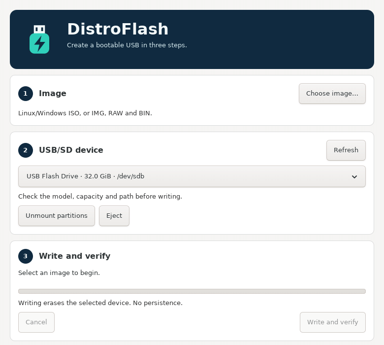 DistroFlash: choosing the image and the USB device, then writing with verification