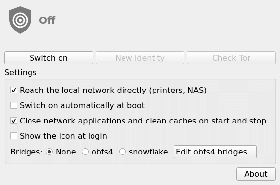 SysLinuxOS Anonimo switched off, with its settings