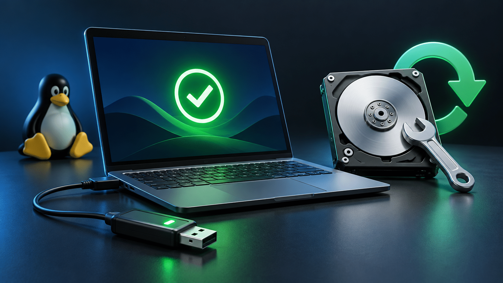 Linux boot recovery illustration with a laptop, USB media and a drive being repaired
