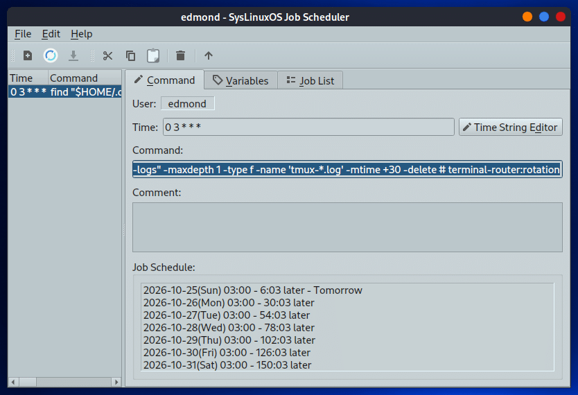 SysLinuxOS Job Scheduler: Command tab with time string, command and upcoming run schedule