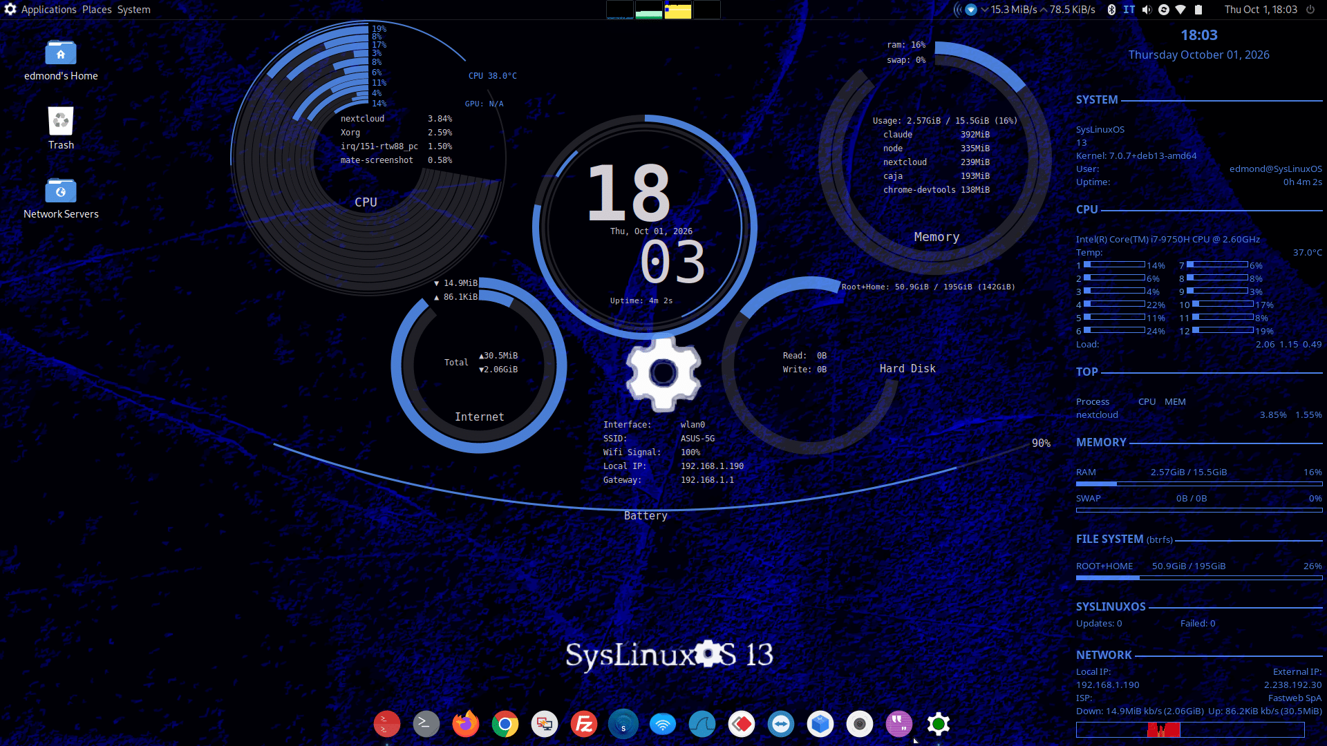 The SysLinuxOS 13 desktop with syslinuxos-ring-conky in the middle and syslinuxos-conky-window on the right side