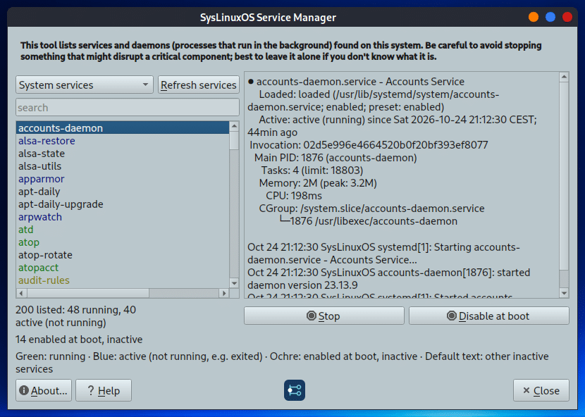 SysLinuxOS Service Manager: list of systemd services and status of the selected service