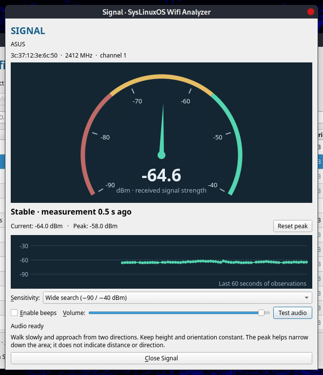SysLinuxOS Wifi Analyzer: signal strength, peak and measurement history
